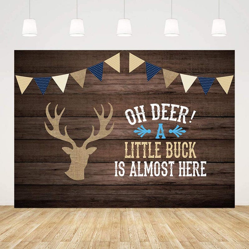 MEHOFOND 7x5ft Oh Deer Boy Baby Shower Gray Rustic Wood Backdrops Birthday Party Decoration A Little Buck is Almost Here Photography Background Deer Baby Shower Decor Cake Table Portrait Photo Props - Image 2
